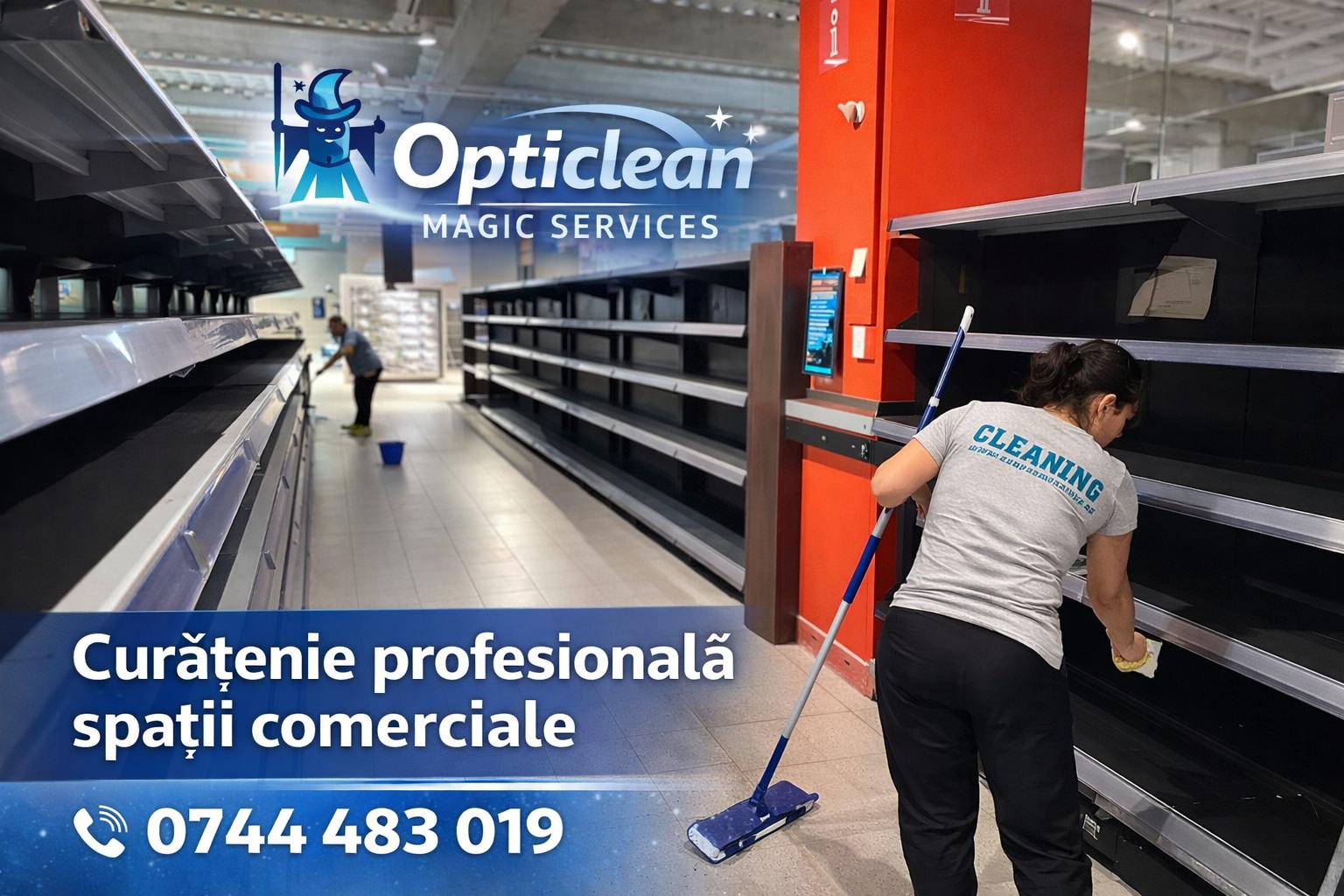 Grafica de prezentare Opticlean.ro pentru servicii profesionale de curatenie spatii comerciale