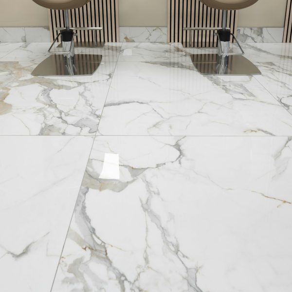 three chairs sitting on a marble floor in a room